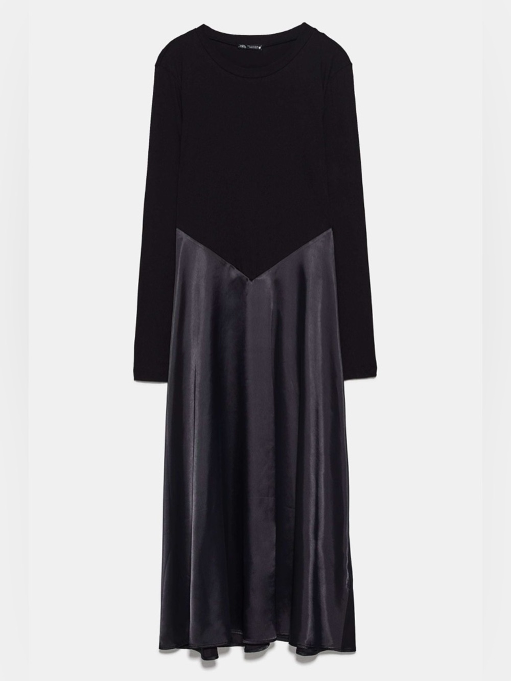 Zara Black Combination Contrast Mixed Material Long Sleeve Satin Midi Dress